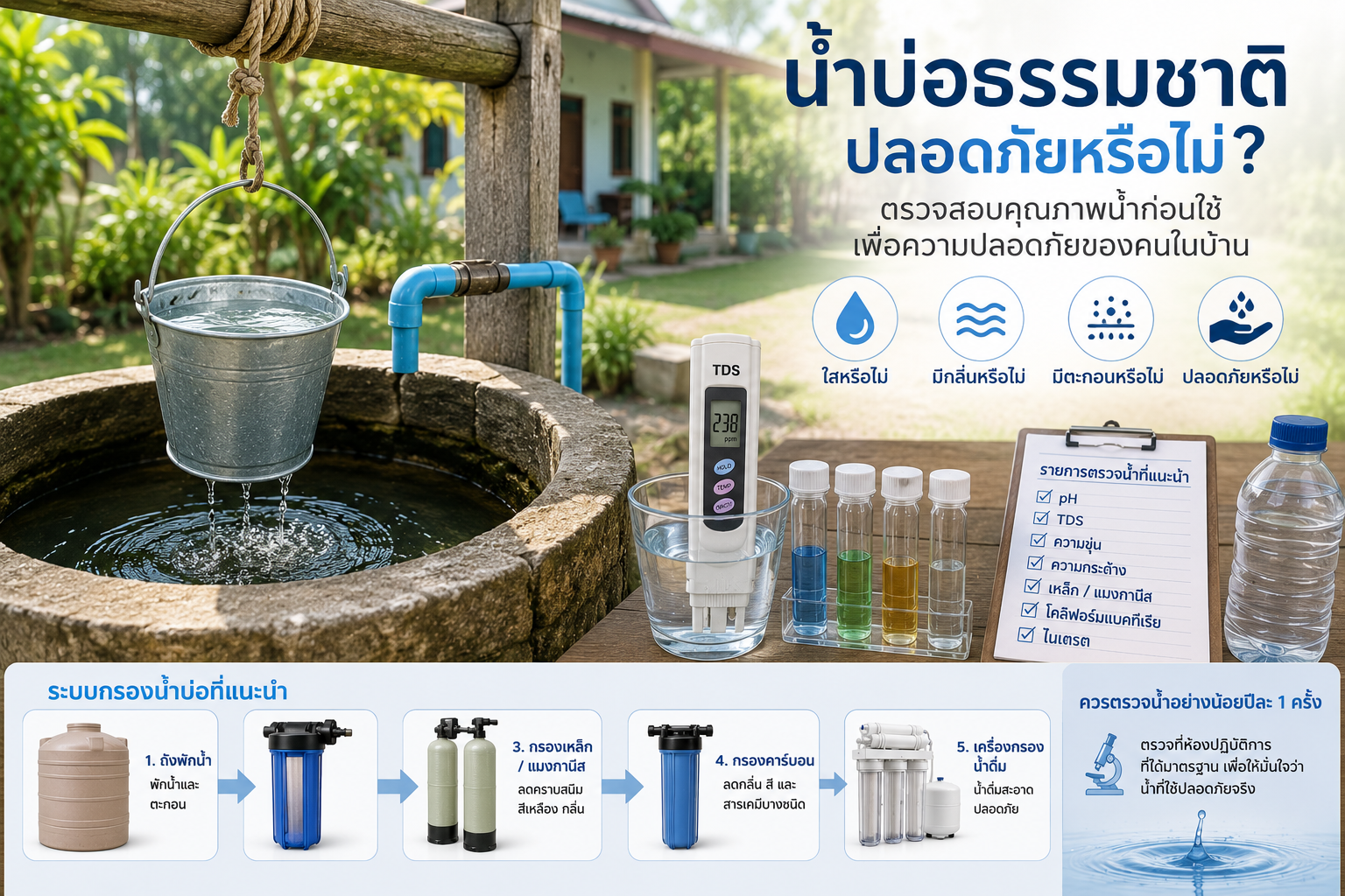 ไม่ได้ใช้น้ำประปา ใช้น้ำบ่อธรรมชาติ ปลอดภัยหรือไม่? ต้องตรวจสอบอย่างไร