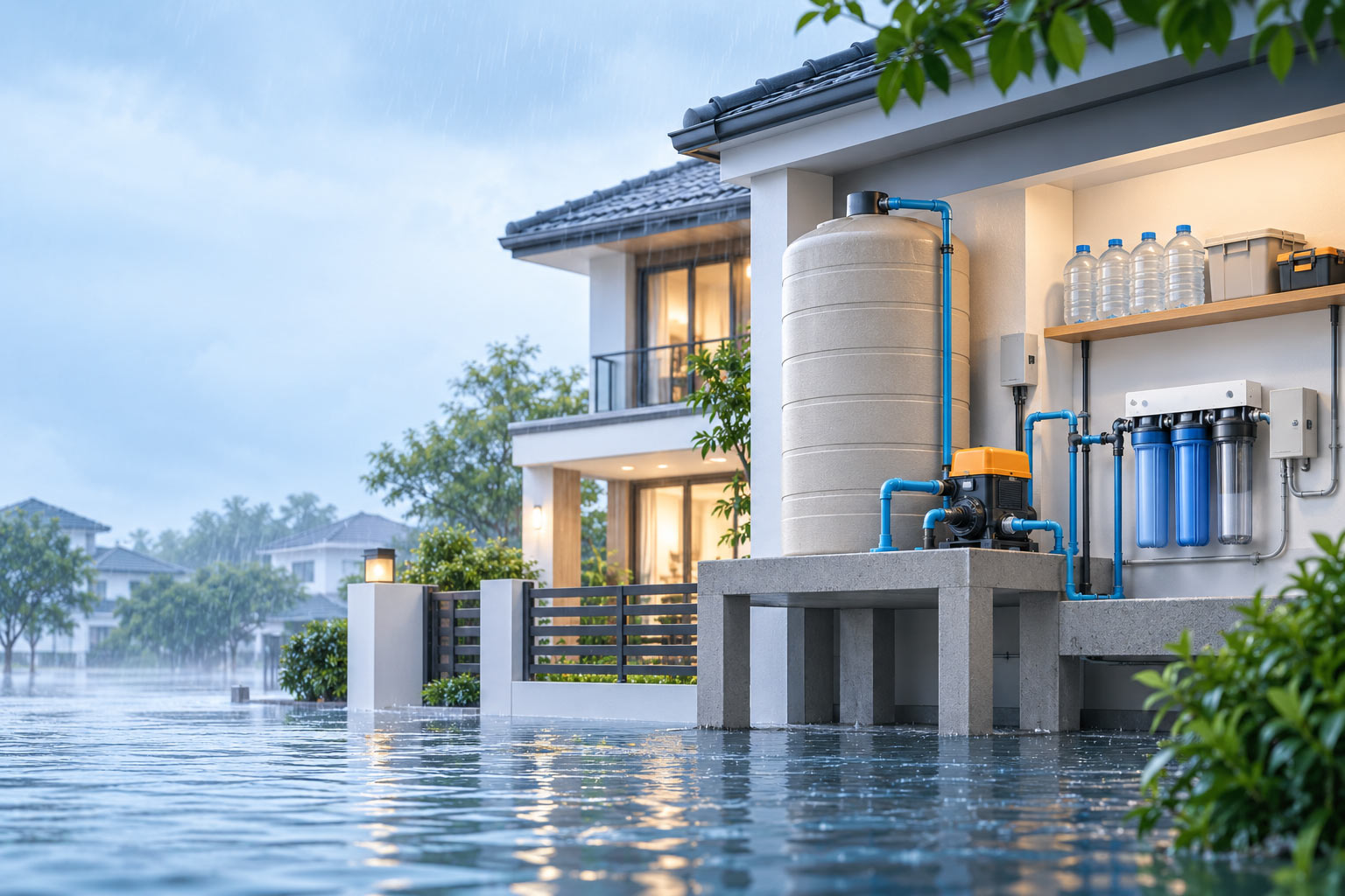 บ้านในพื้นที่น้ำท่วมที่ยกระดับถังเก็บน้ำ ปั๊มน้ำ และระบบกรองน้ำไว้เหนือระดับน้ำ
