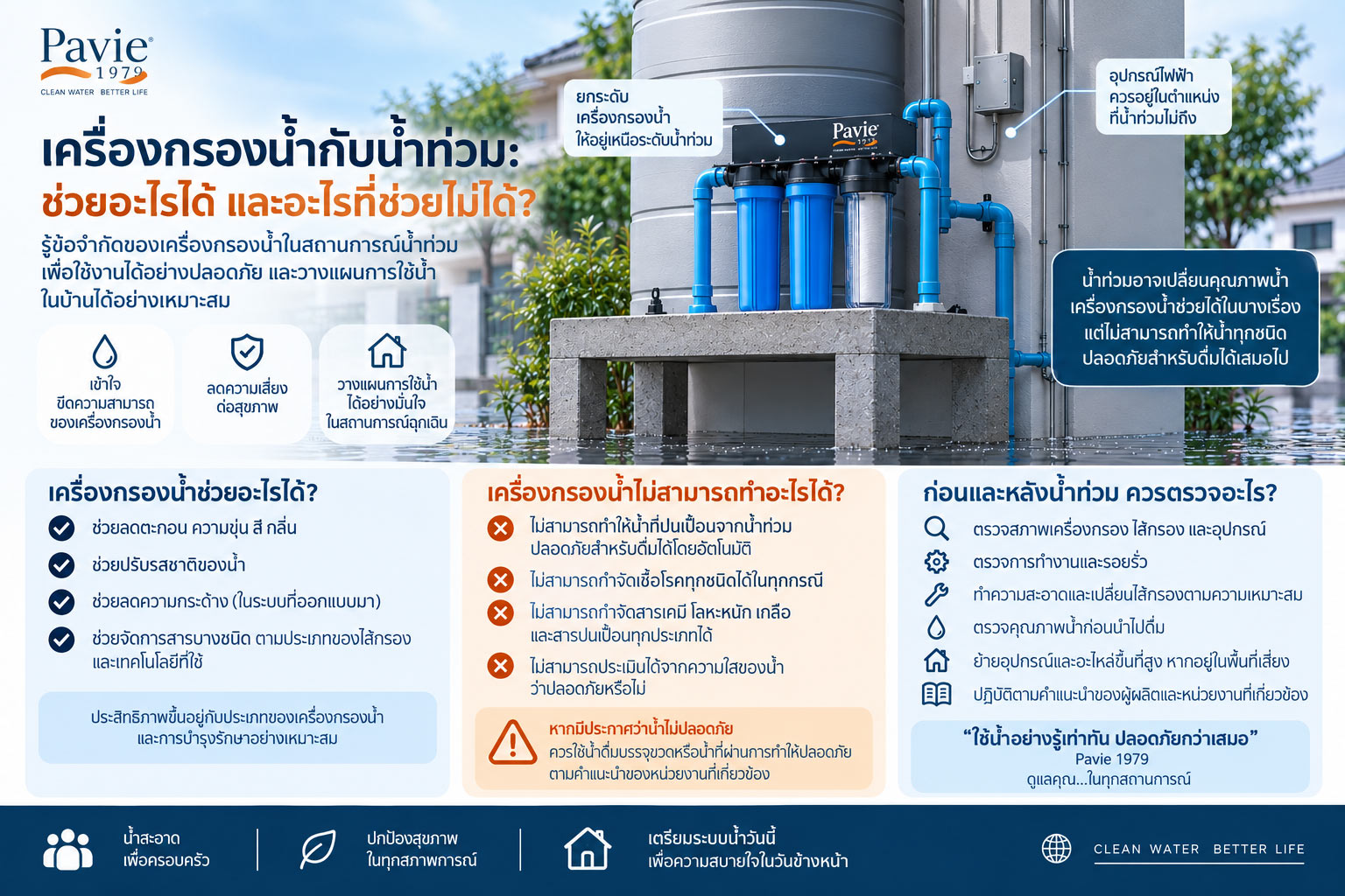 ระบบกรองน้ำภายในบ้านในช่วงน้ำท่วม พร้อมการแยกน้ำดื่มสะอาดออกจากน้ำที่อาจปนเปื้อน