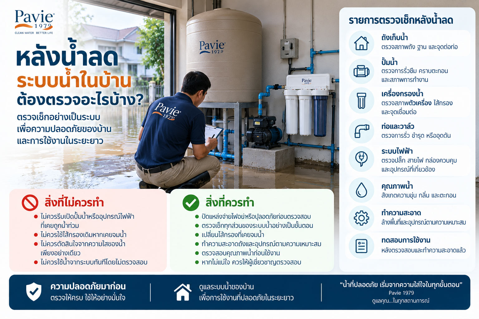 เจ้าของบ้านตรวจปั๊มน้ำ ถังเก็บน้ำ ระบบกรอง และท่อน้ำหลังน้ำท่วม