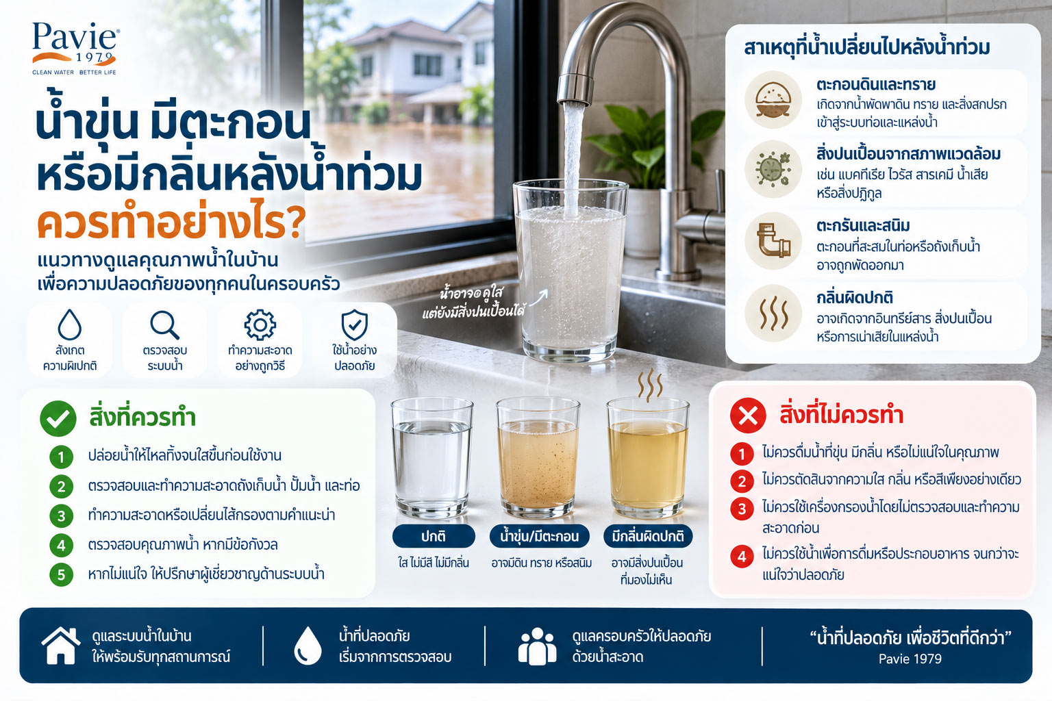 ตัวอย่างน้ำขุ่น น้ำมีตะกอน และการตรวจระบบน้ำในบ้านหลังน้ำท่วม