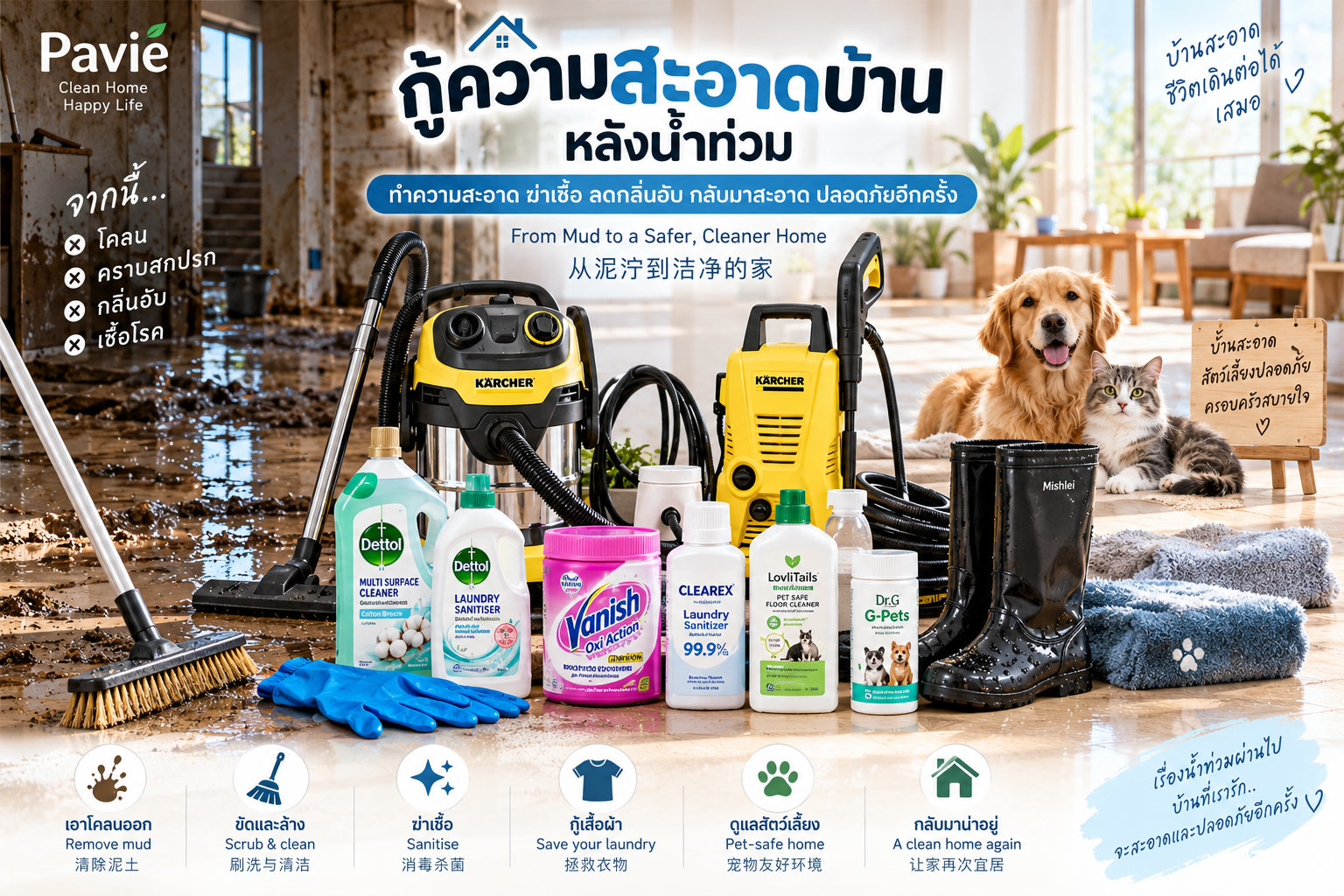 การกู้ความสะอาดบ้านหลังน้ำท่วมด้วยเครื่องดูดเปียกแห้ง เครื่องฉีดน้ำ แปรงขัด ถุงมือ และอุปกรณ์ทำความสะอาด โดยพื้นส่วนหนึ่งยังมีคราบโคลนและอีกส่วนกลับมาสะอาด