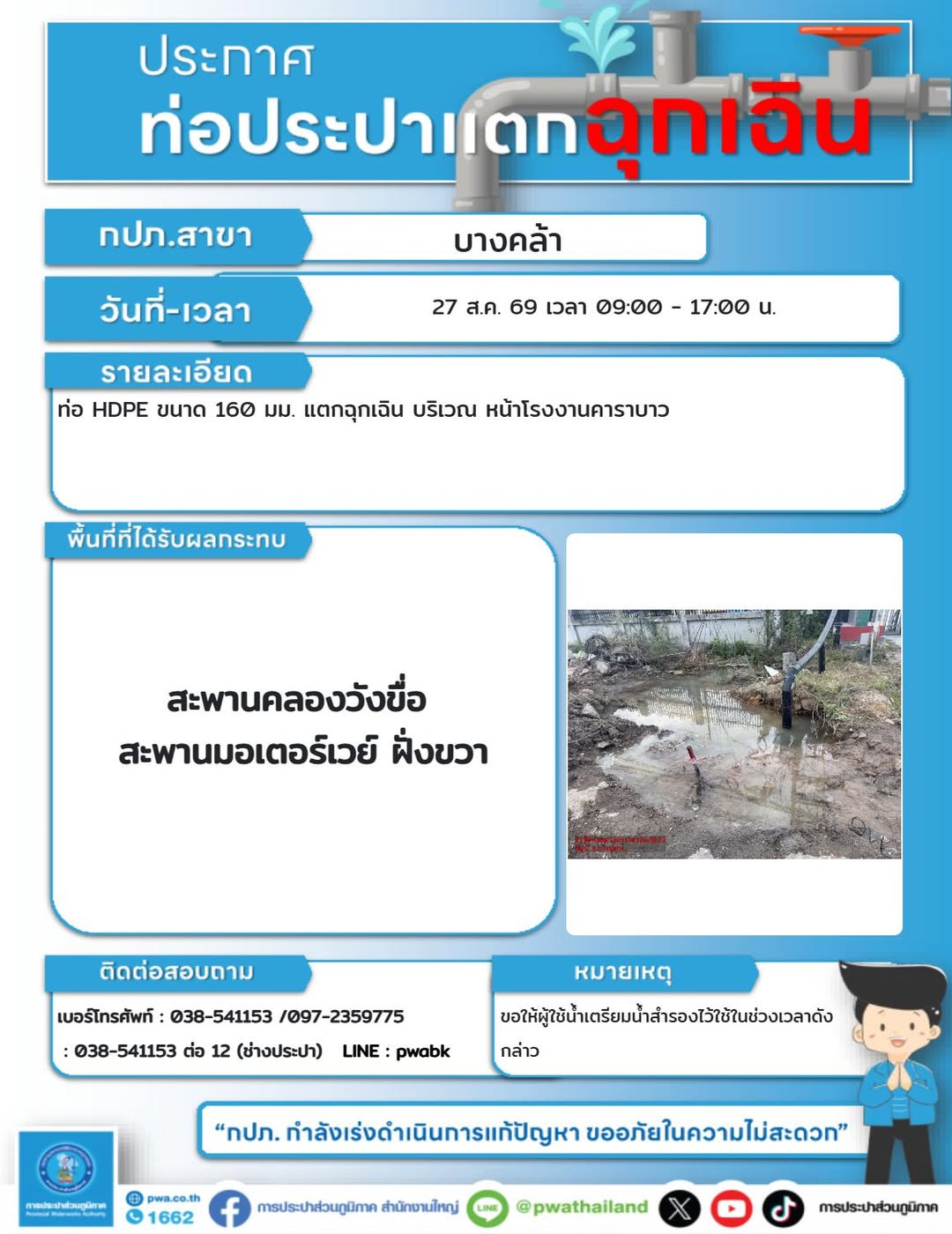 ท่อแตกฉุกเฉิน พื้นที่สะพานคลองวังขื่อ–สะพานมอเตอร์เวย์ ฝั่งขวา